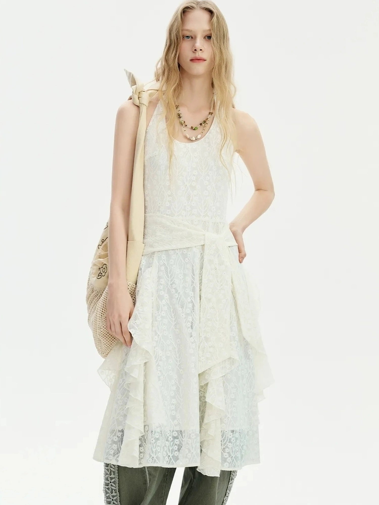 OuttheBlue Mid Length Floral Lace Halter Dress