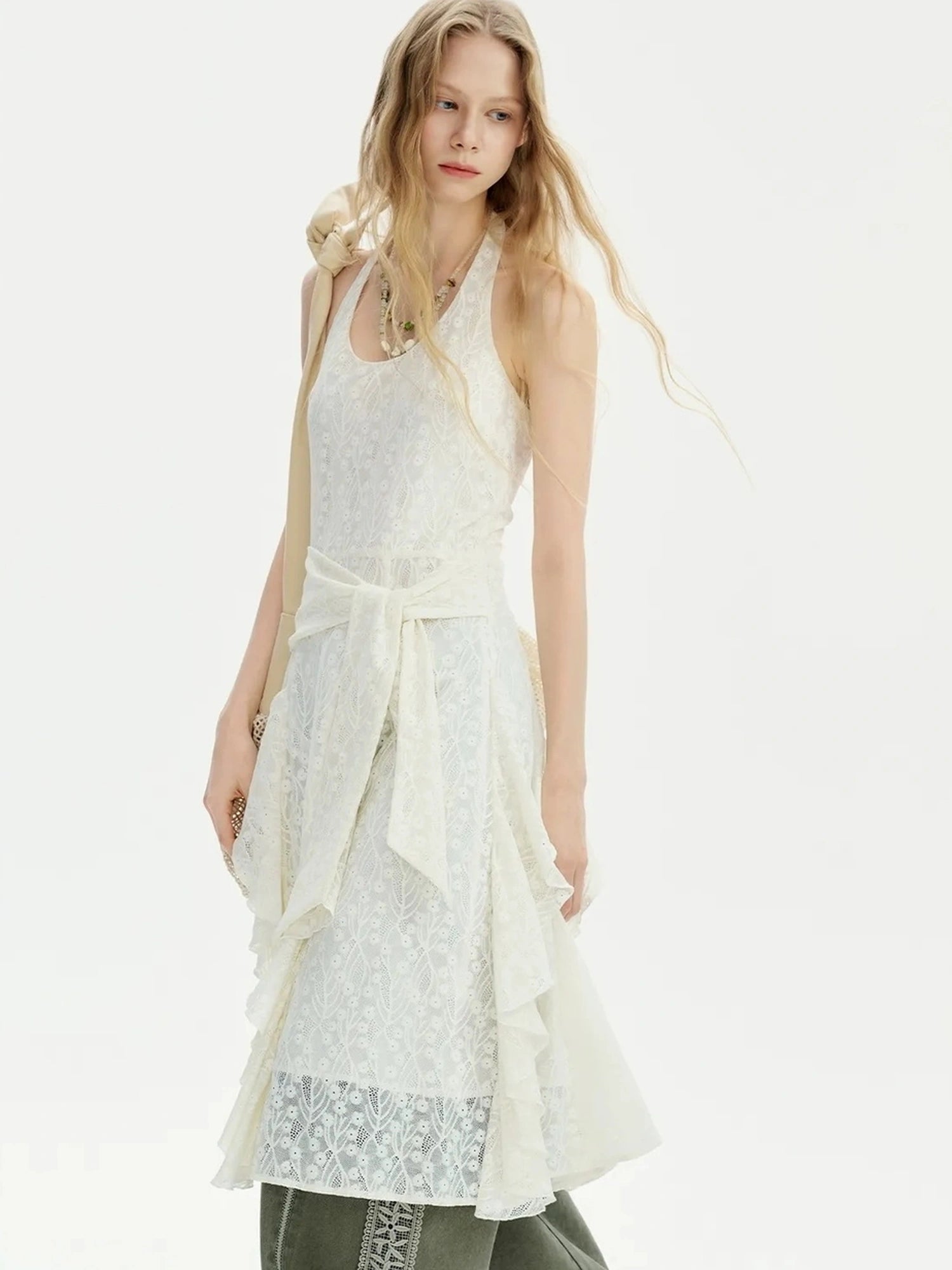 OuttheBlue Mid Length Floral Lace Halter Dress