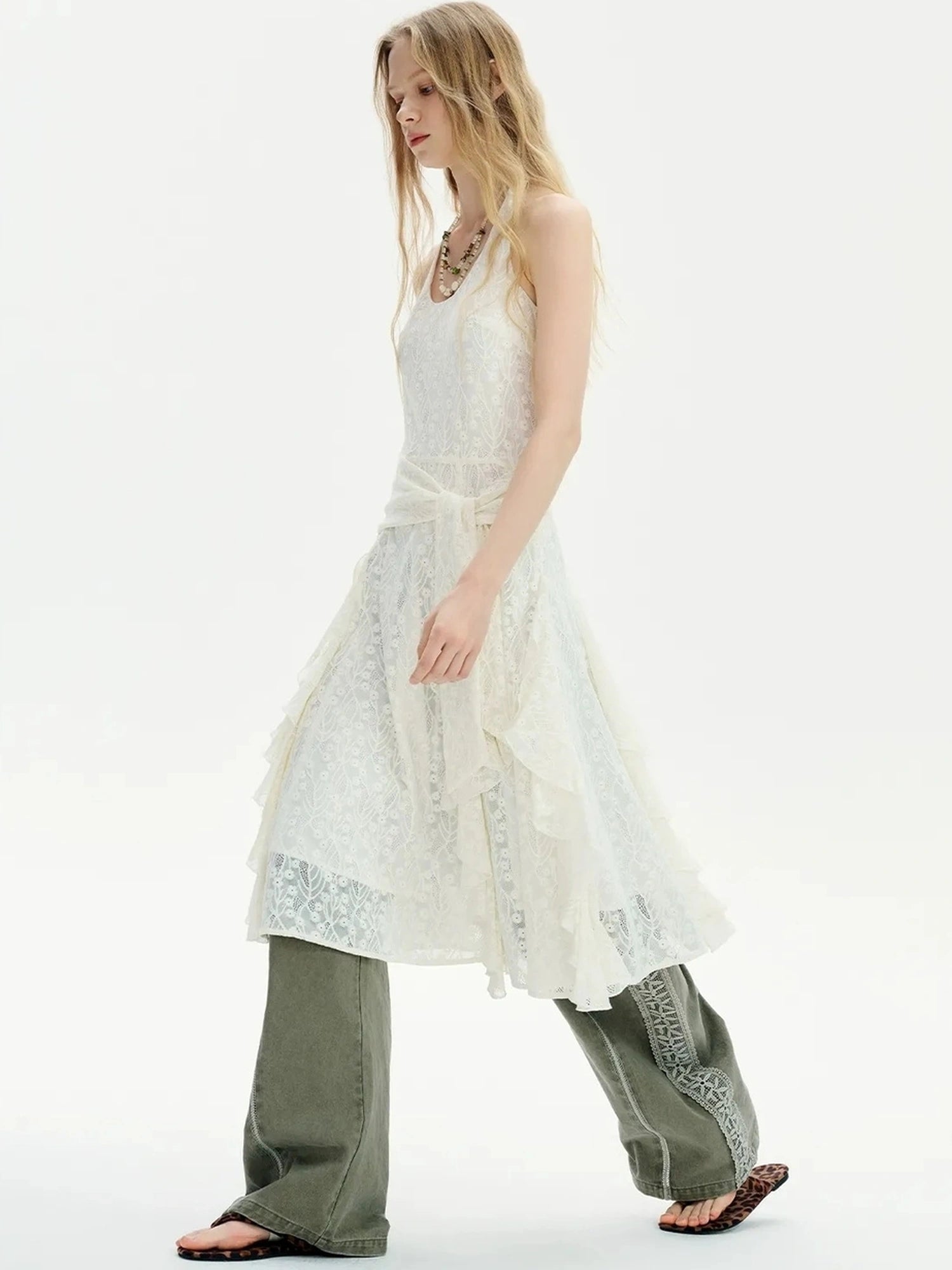 OuttheBlue Mid Length Floral Lace Halter Dress