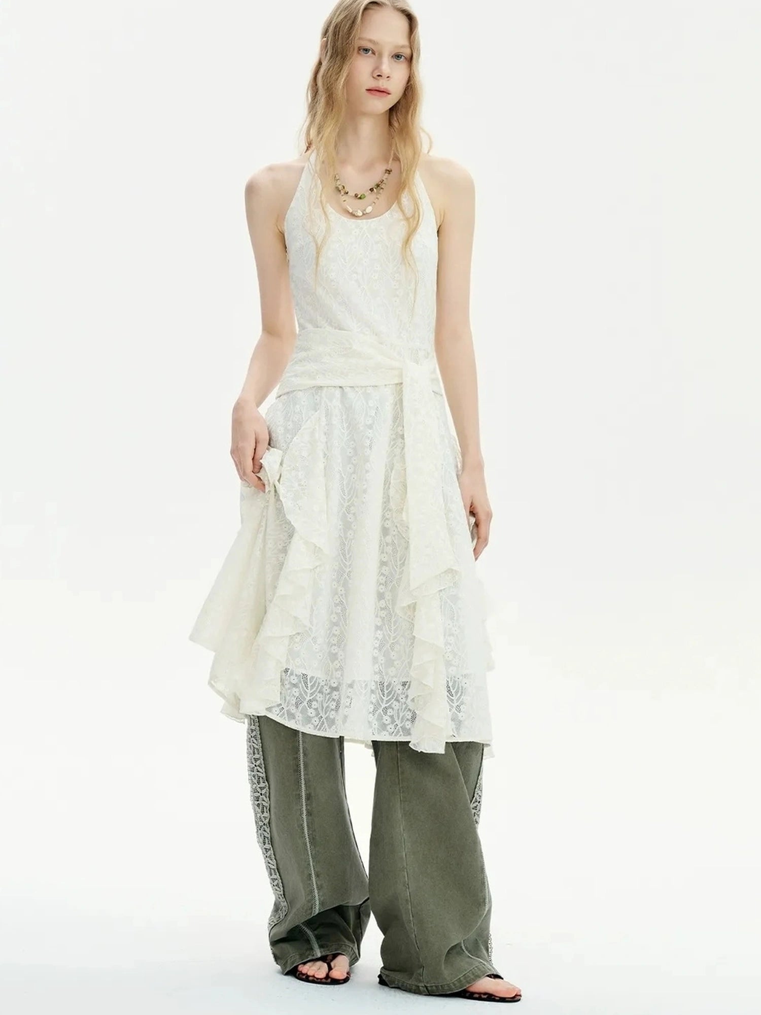 OuttheBlue Mid Length Floral Lace Halter Dress