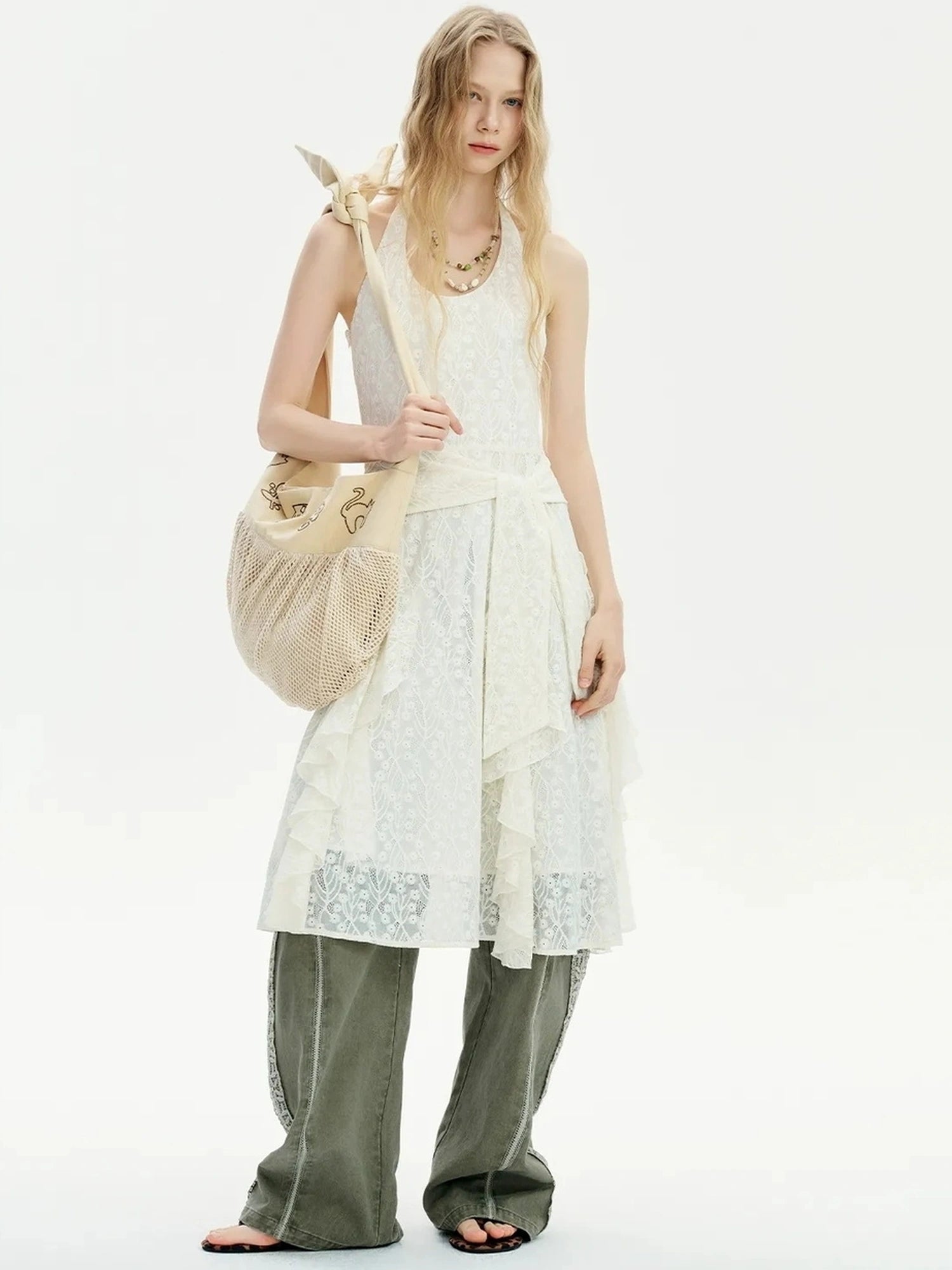 OuttheBlue Mid Length Floral Lace Halter Dress