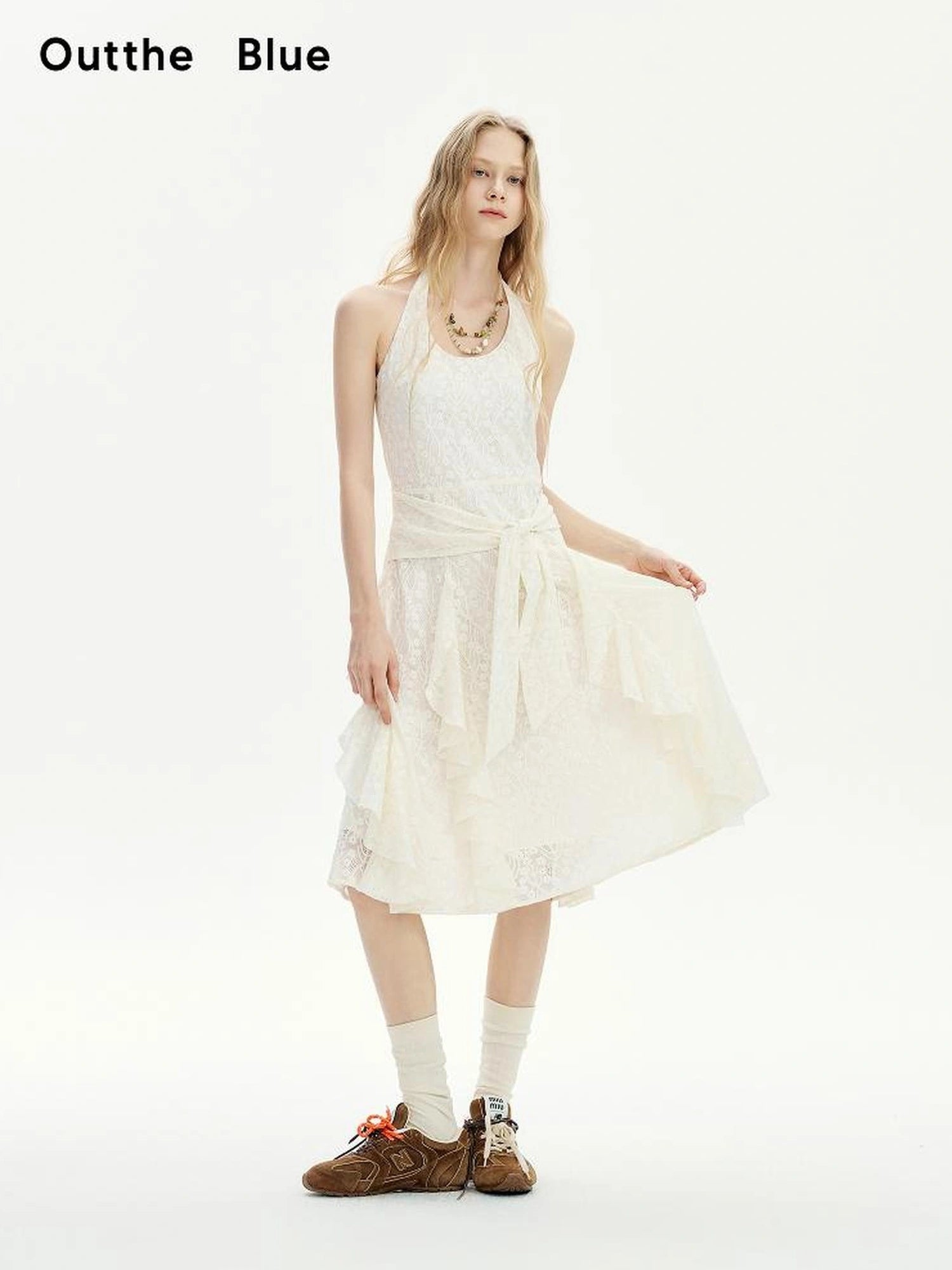 OuttheBlue Mid Length Floral Lace Halter Dress