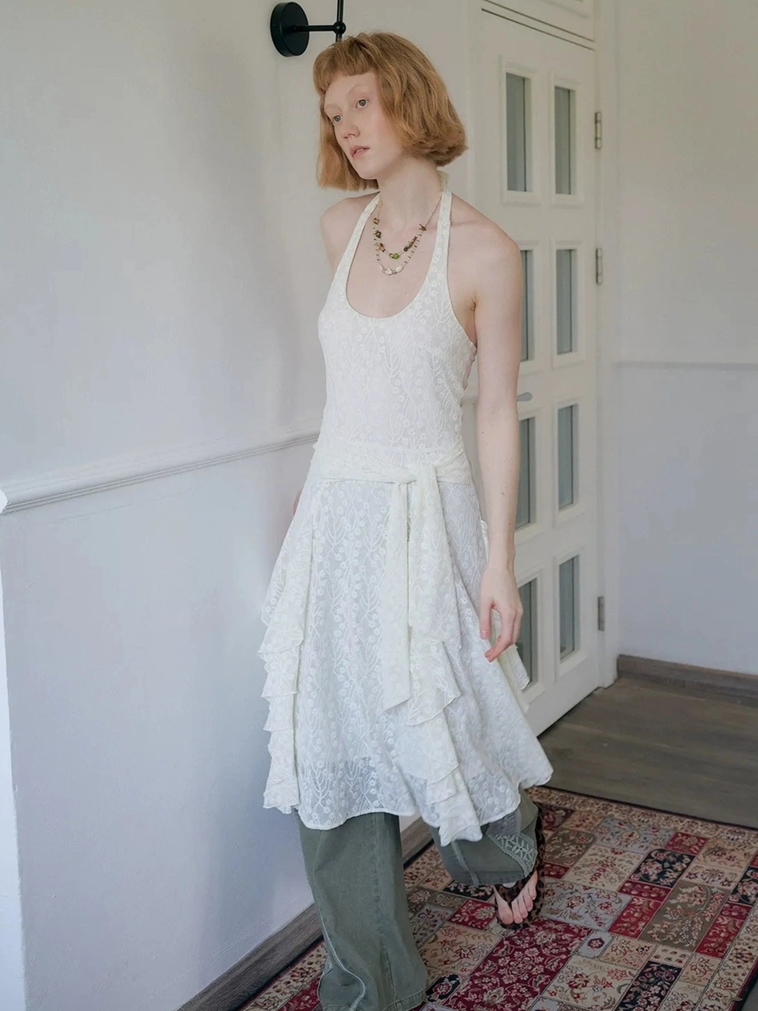 OuttheBlue Mid Length Floral Lace Halter Dress