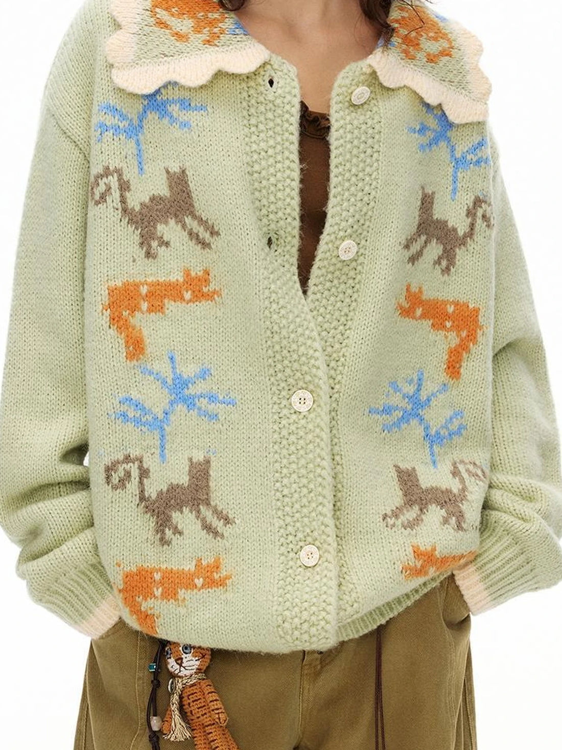 OuttheBlue Mint Green Collared Knit Cardigan Sweater