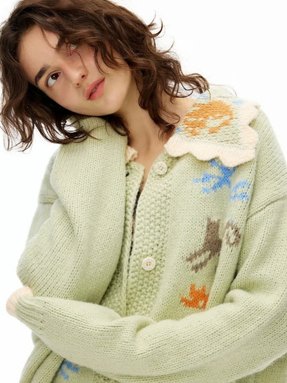 OuttheBlue Mint Green Collared Knit Cardigan Sweater