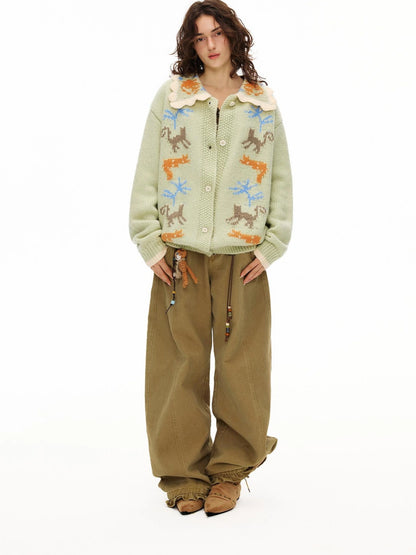 OuttheBlue Mint Green Collared Knit Cardigan Sweater