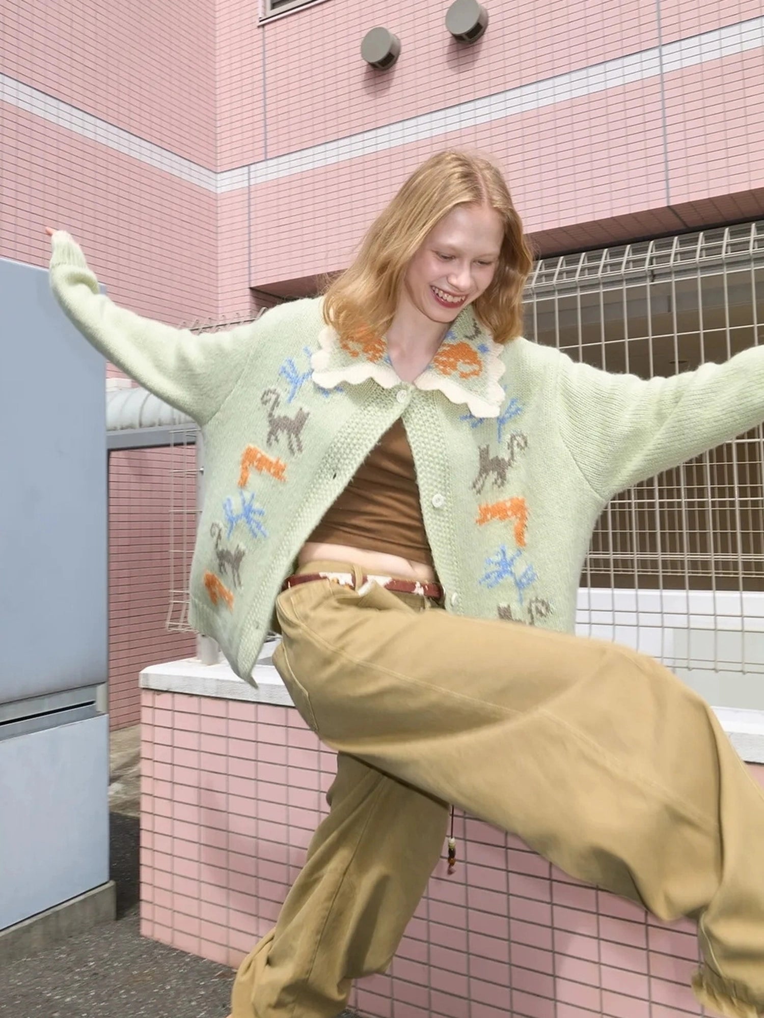 OuttheBlue Mint Green Collared Knit Cardigan Sweater