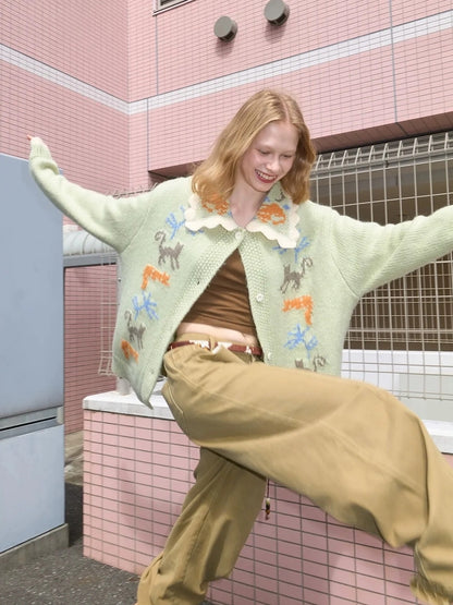 OuttheBlue Mint Green Collared Knit Cardigan Sweater