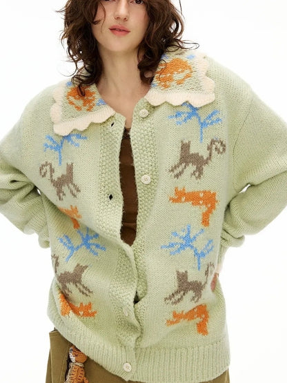 OuttheBlue Mint Green Collared Knit Cardigan Sweater