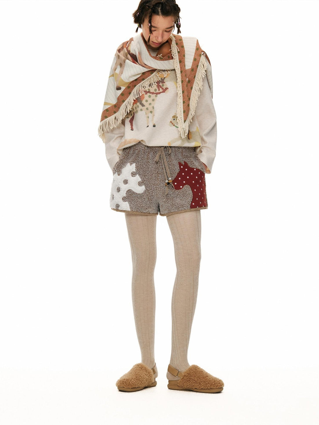 OuttheBlue Mocha Animal Print Drawstring Natural Waist Women Applique Mini Shorts