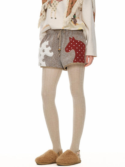OuttheBlue Mocha Animal Print Drawstring Natural Waist Women Applique Mini Shorts