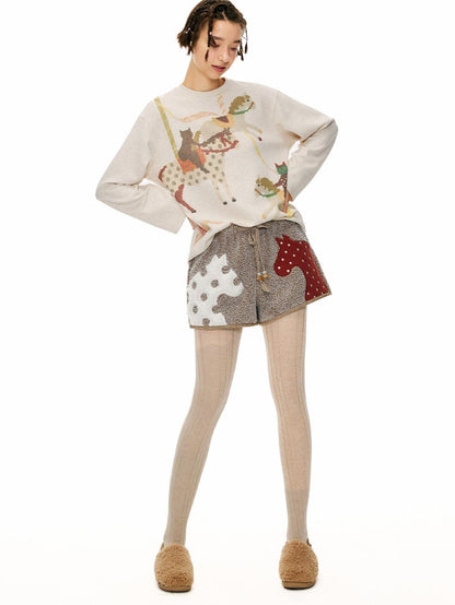 OuttheBlue Mocha Animal Print Drawstring Natural Waist Women Applique Mini Shorts