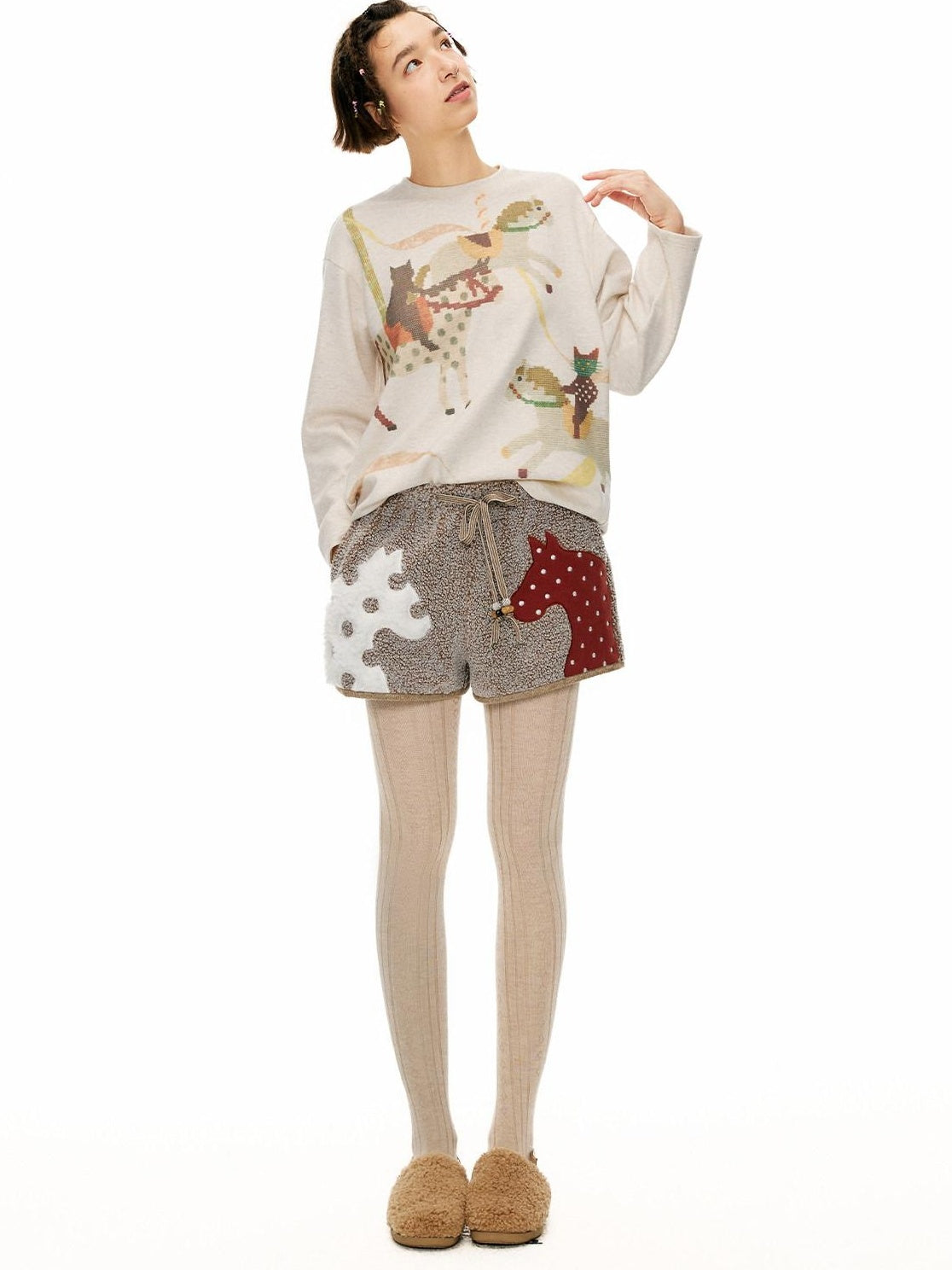 OuttheBlue Mocha Animal Print Drawstring Natural Waist Women Applique Mini Shorts