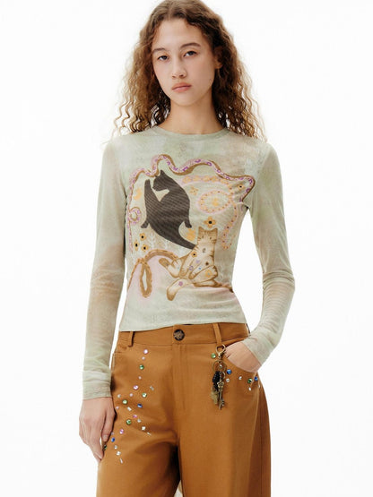 OuttheBlue Moisture Wicking Slim Fit Office Wild Cat Print Chartreuse Long Sleeve T-Shirts