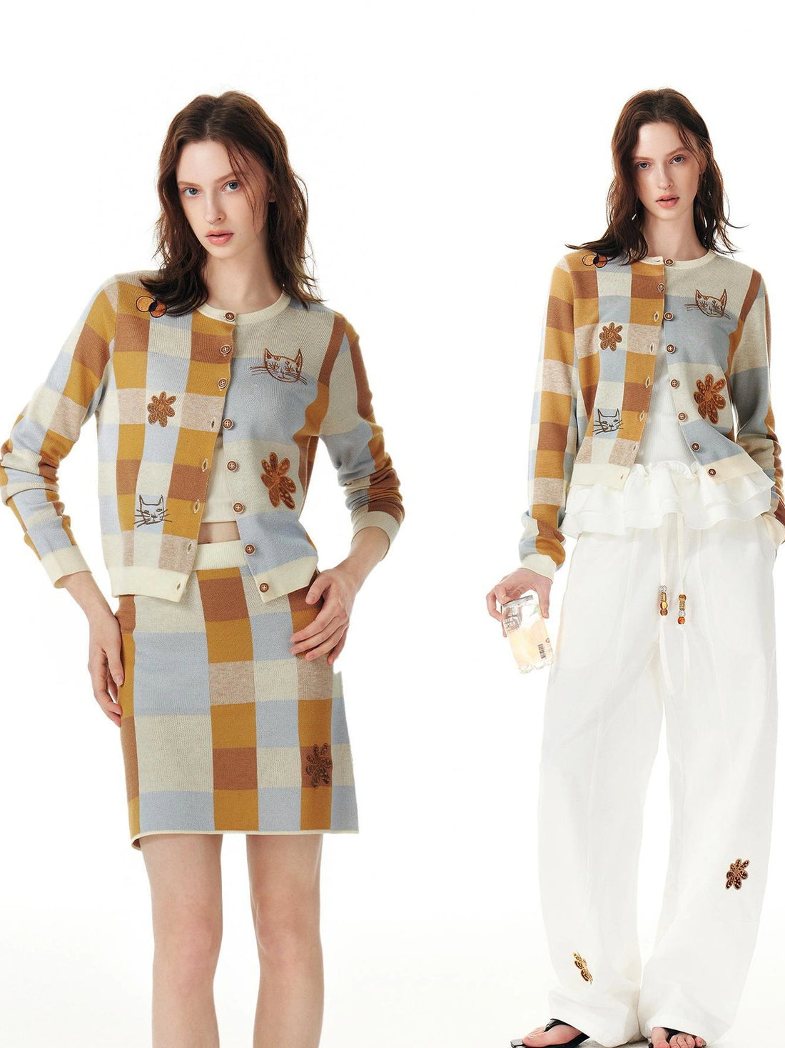 Monet Cat Garden Embroidered Knit Cardigan Skirt Set