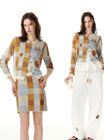 Monet Cat Garden Embroidered Knit Cardigan Skirt Set