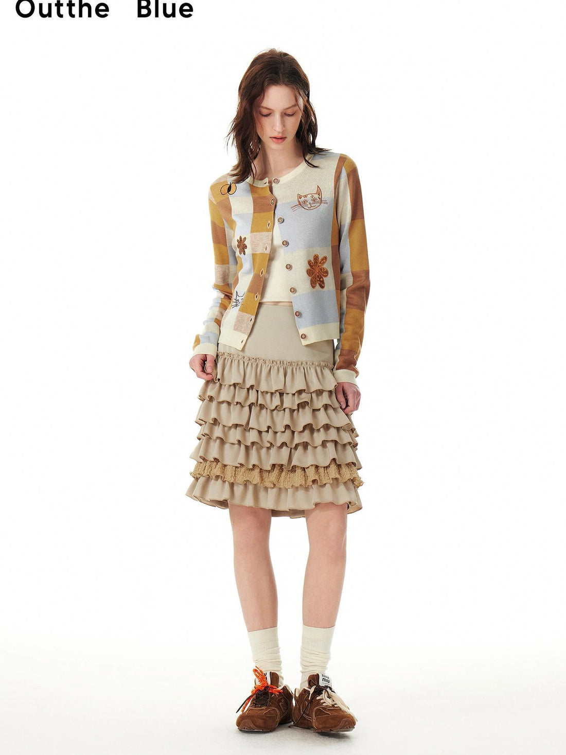 Monet Cat Garden Embroidered Knit Cardigan Skirt Set