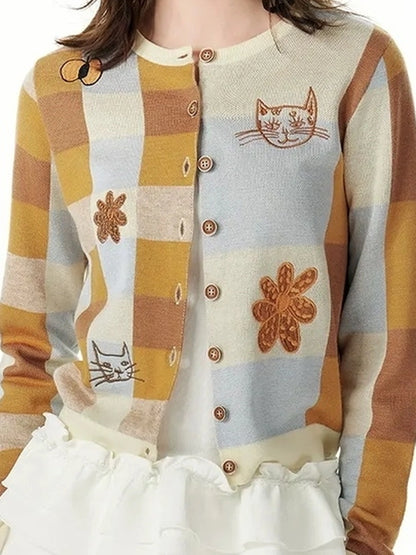 Monet Cat Garden Embroidered Knit Cardigan Skirt Set