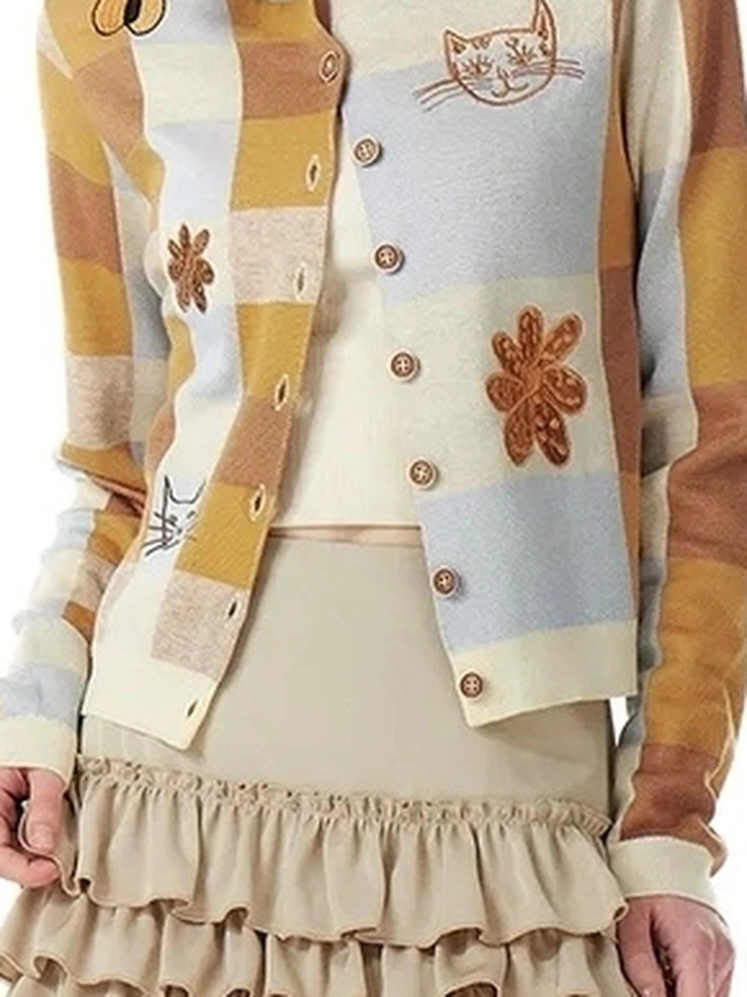 Monet Cat Garden Embroidered Knit Cardigan Skirt Set