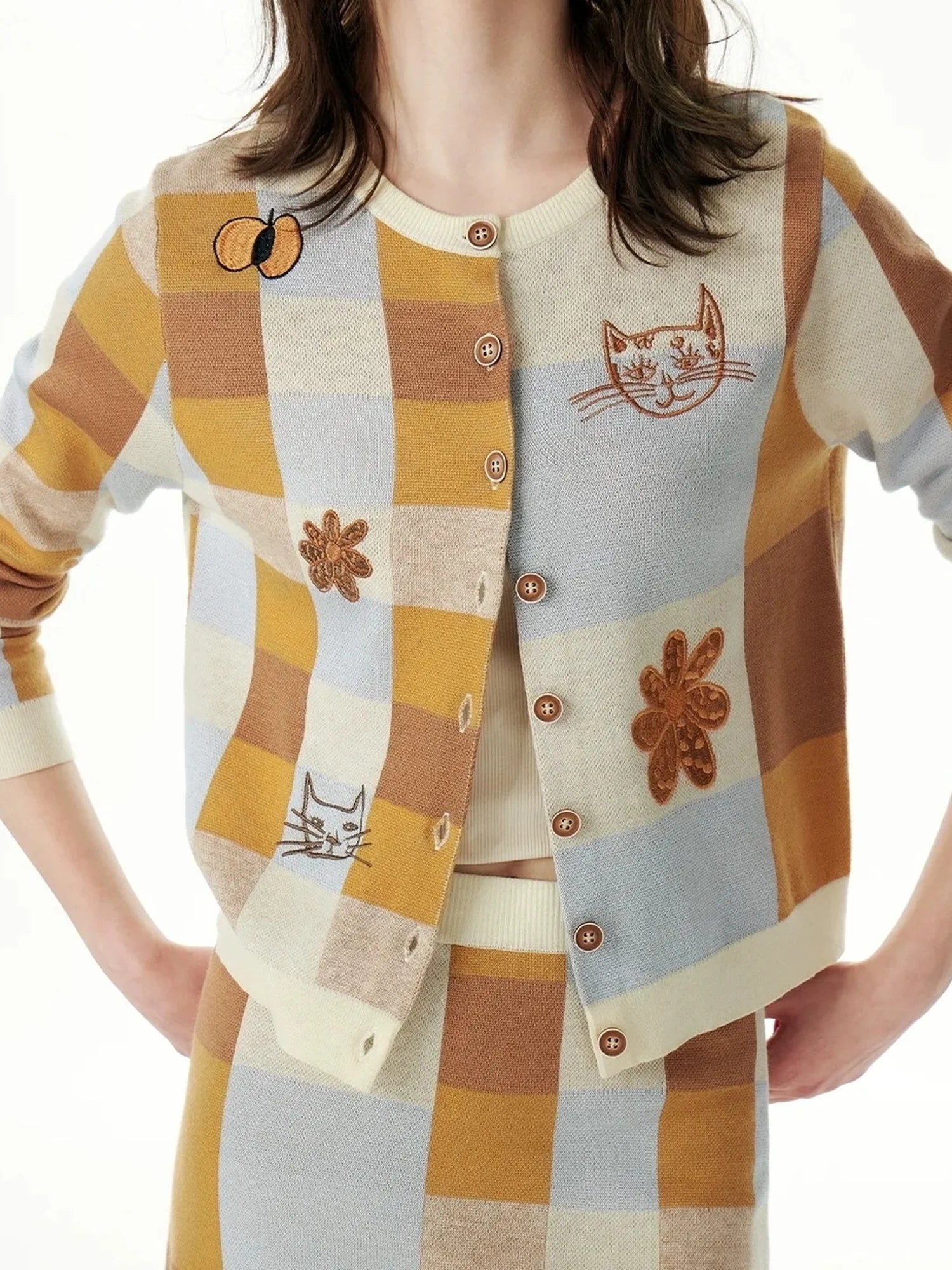 Monet Cat Garden Embroidered Knit Cardigan Skirt Set