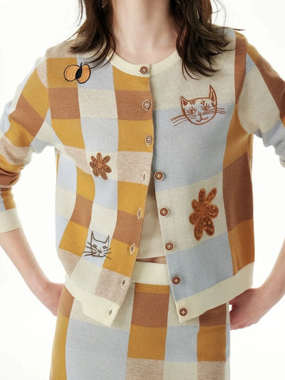 Monet Cat Garden Embroidered Knit Cardigan Skirt Set