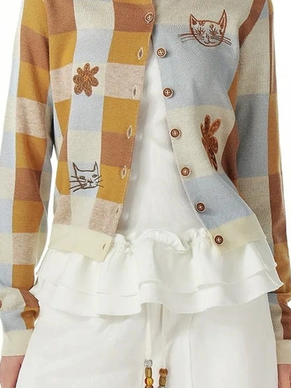 Monet Cat Garden Embroidered Knit Cardigan Skirt Set