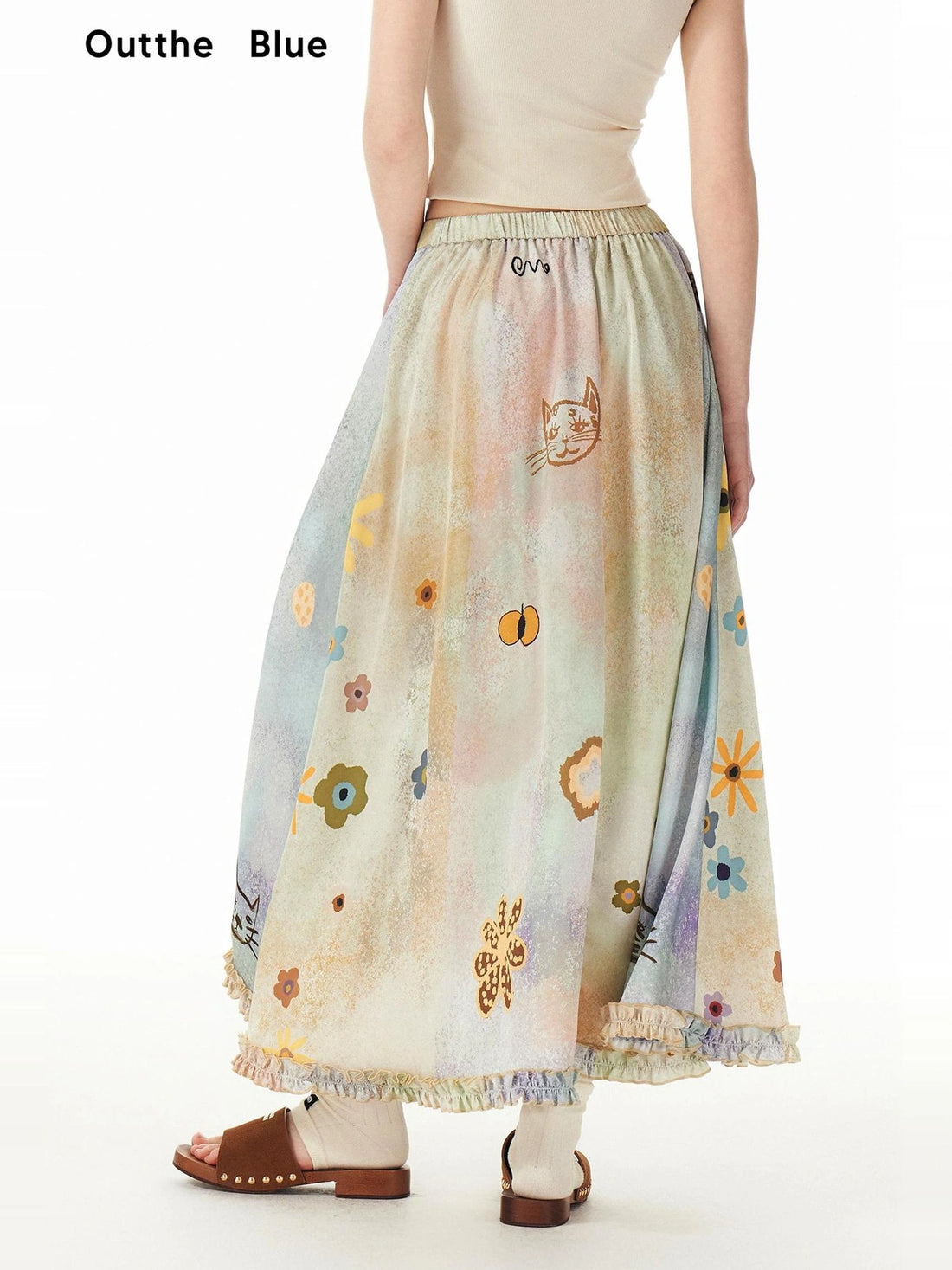 OuttheBlue Monet Floral Garden Maxi Skirt With Cat Print