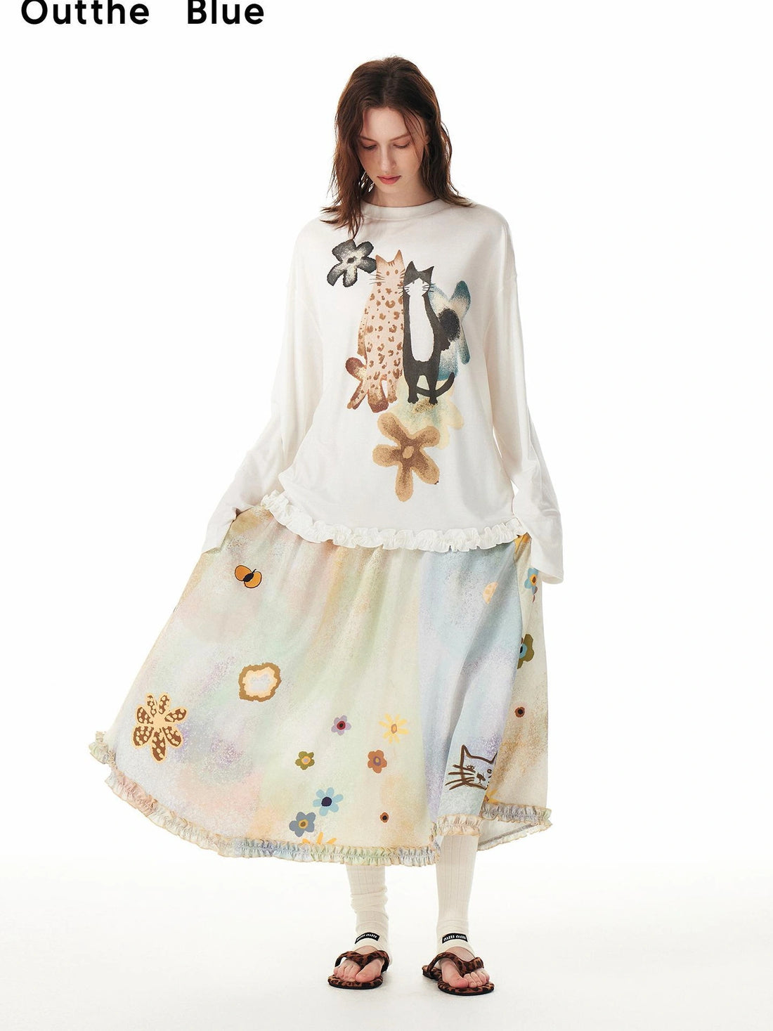 OuttheBlue Monet Floral Garden Maxi Skirt With Cat Print