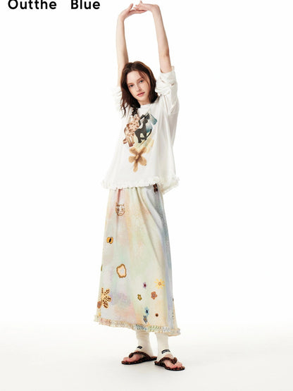 OuttheBlue Monet Floral Garden Maxi Skirt With Cat Print