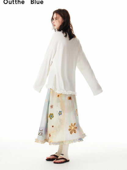 OuttheBlue Monet Floral Garden Maxi Skirt With Cat Print