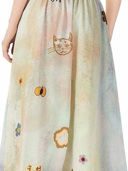 OuttheBlue Monet Floral Garden Maxi Skirt With Cat Print