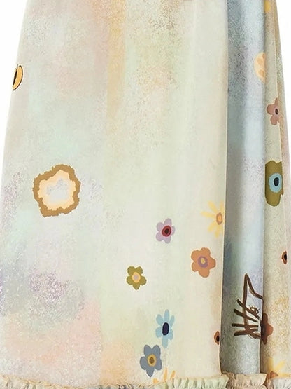 OuttheBlue Monet Floral Garden Maxi Skirt With Cat Print