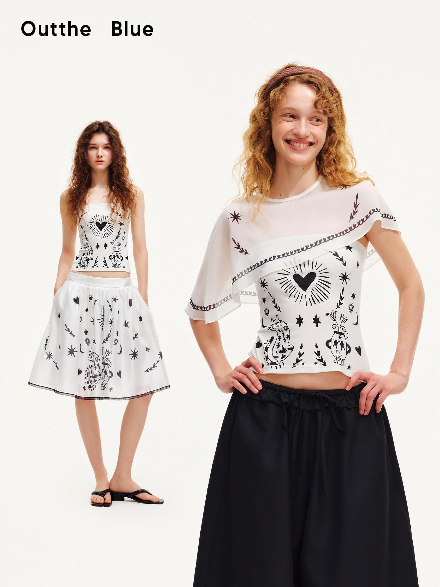 OuttheBlue Moonlight Cat Print Asymmetrical One Shoulder Women&