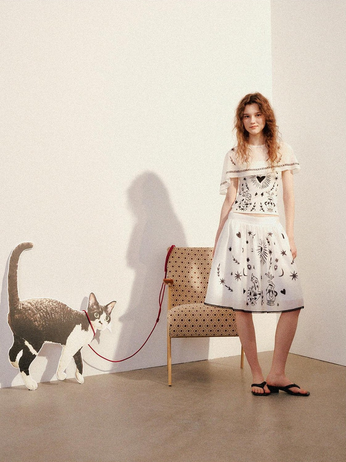 OuttheBlue Moonlight Cat Print Asymmetrical One Shoulder Women&