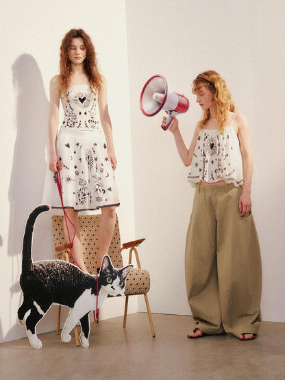 OuttheBlue Moonlight Cat Print Asymmetrical One Shoulder Women&
