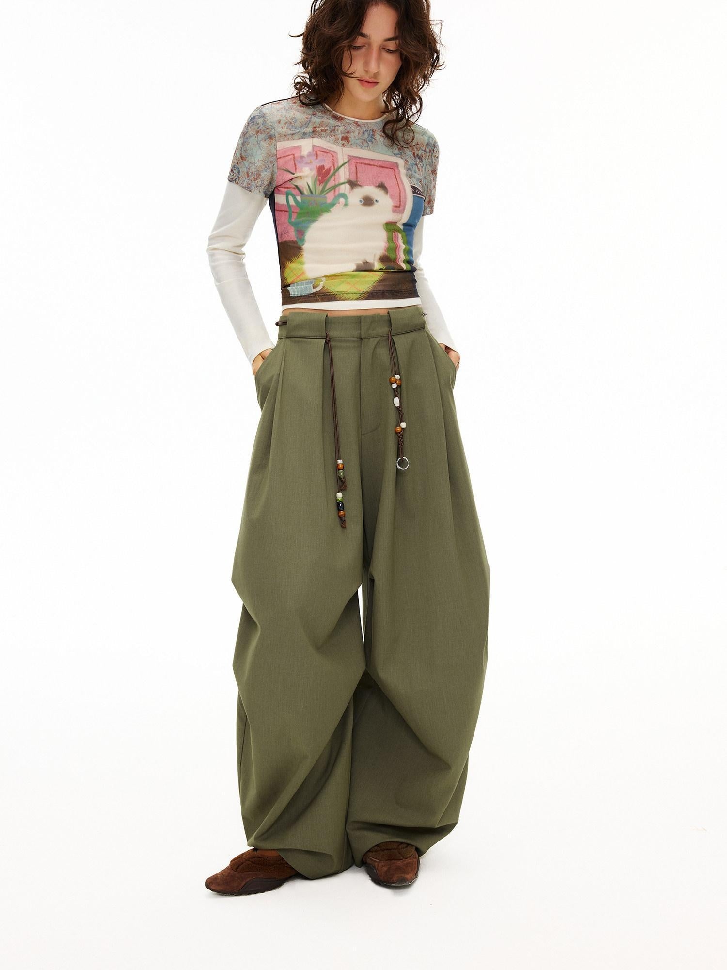 OuttheBlue Moss Green High Waist Loose Wide Leg Casual Stretch Polyester Women Pants