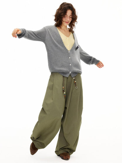 OuttheBlue Moss Green High Waist Loose Wide Leg Casual Stretch Polyester Women Pants