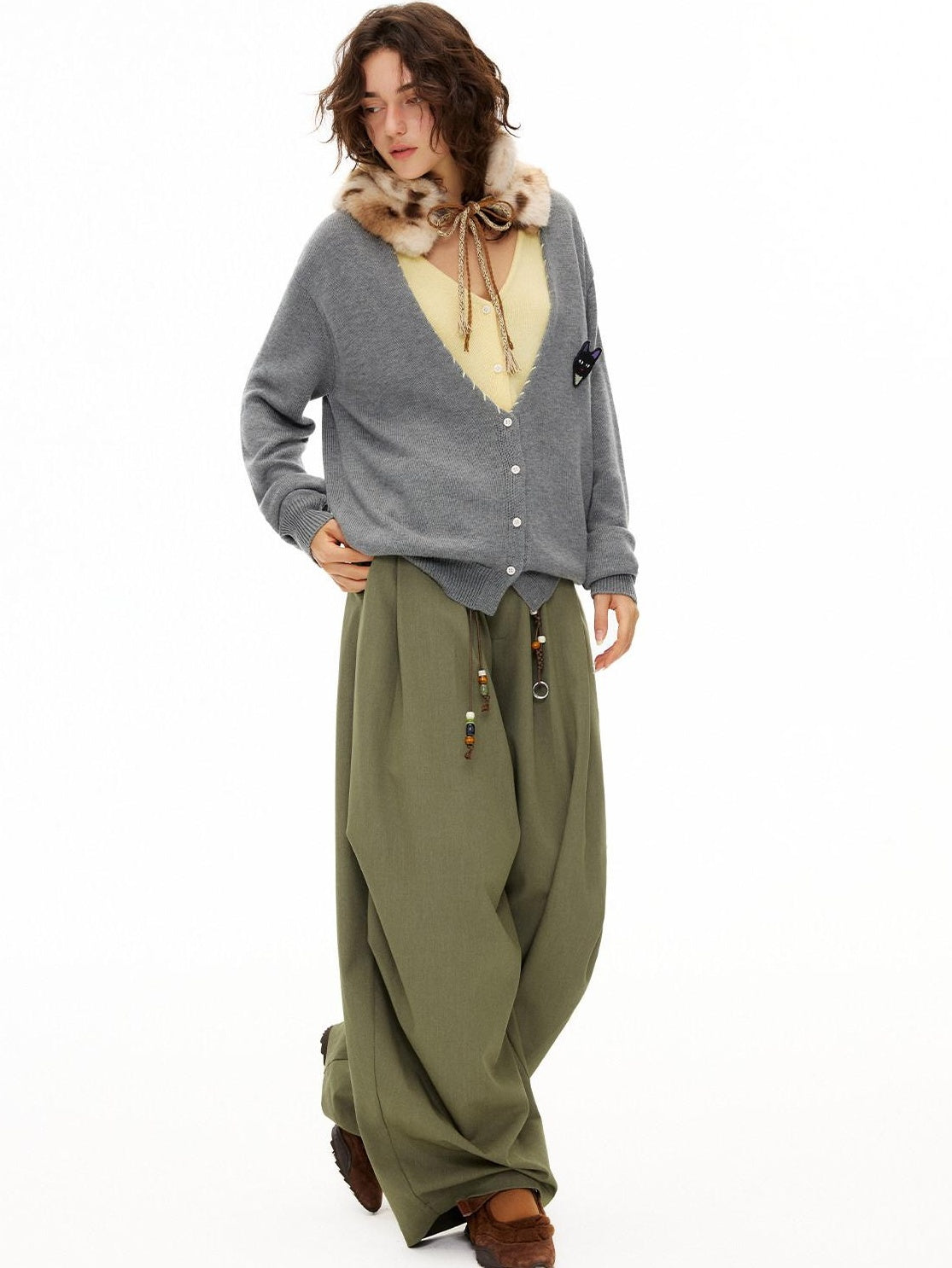 OuttheBlue Moss Green High Waist Loose Wide Leg Casual Stretch Polyester Women Pants
