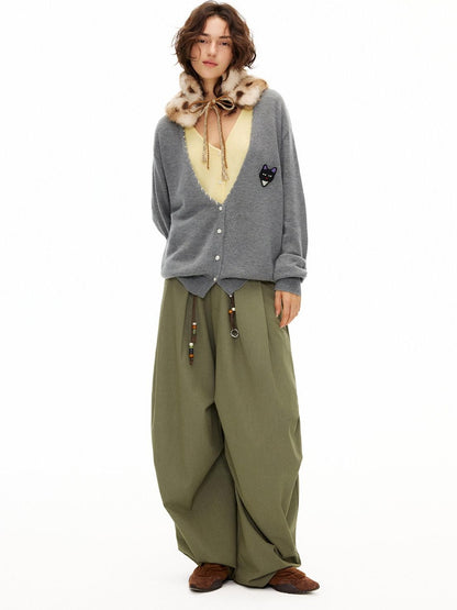 OuttheBlue Moss Green High Waist Loose Wide Leg Casual Stretch Polyester Women Pants