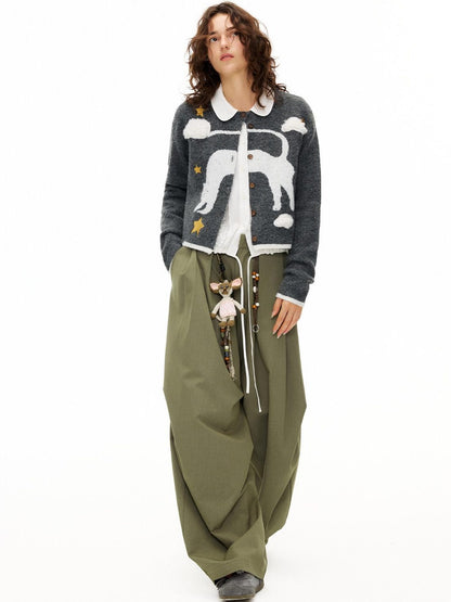 OuttheBlue Moss Green High Waist Loose Wide Leg Casual Stretch Polyester Women Pants