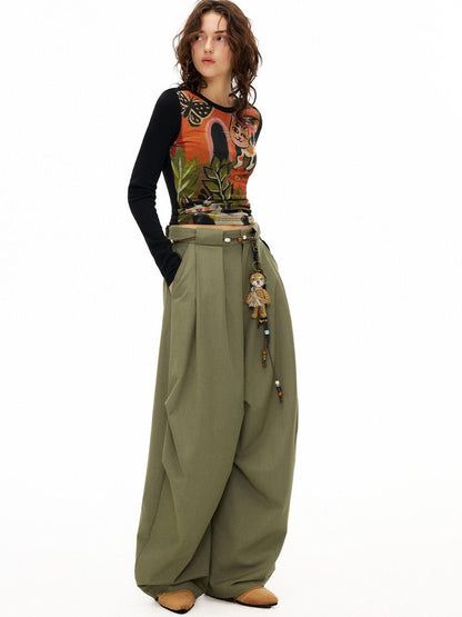 OuttheBlue Moss Green High Waist Loose Wide Leg Casual Stretch Polyester Women Pants
