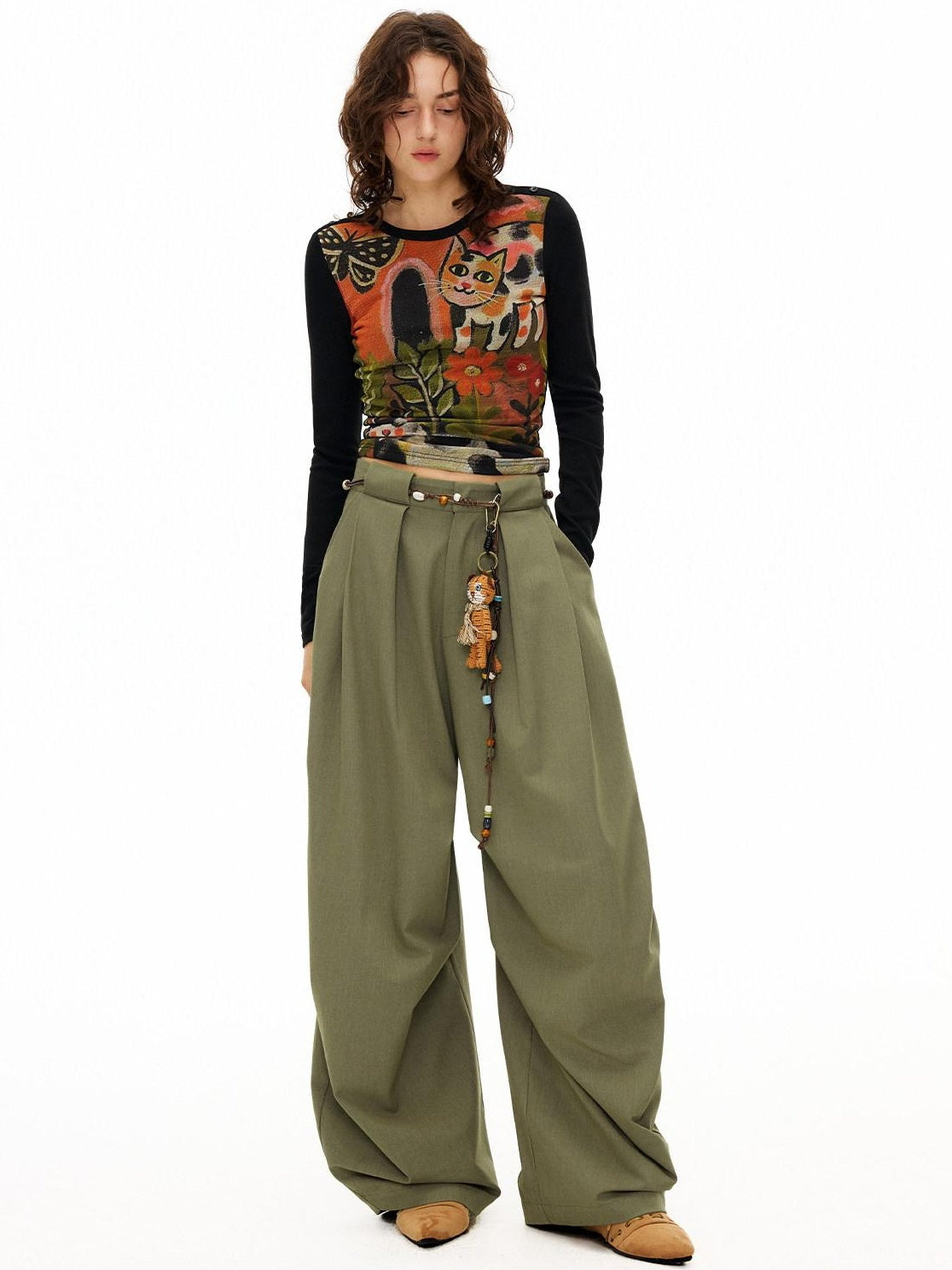 OuttheBlue Moss Green High Waist Loose Wide Leg Casual Stretch Polyester Women Pants