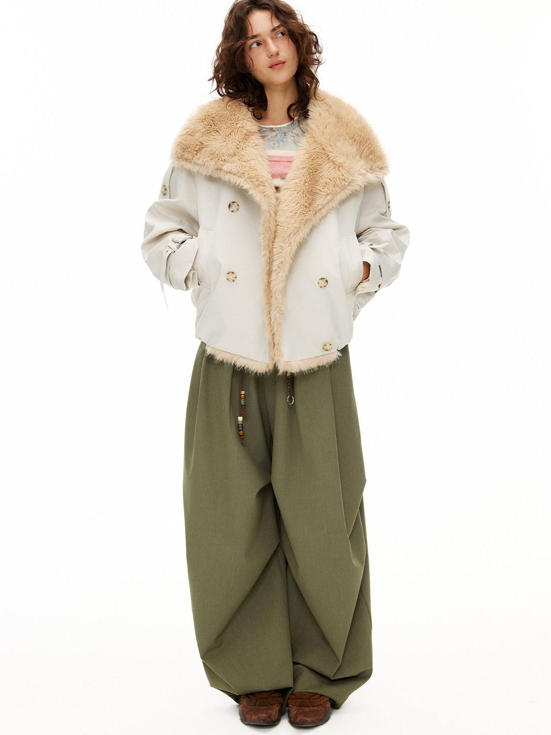 OuttheBlue Moss Green High Waist Loose Wide Leg Casual Stretch Polyester Women Pants