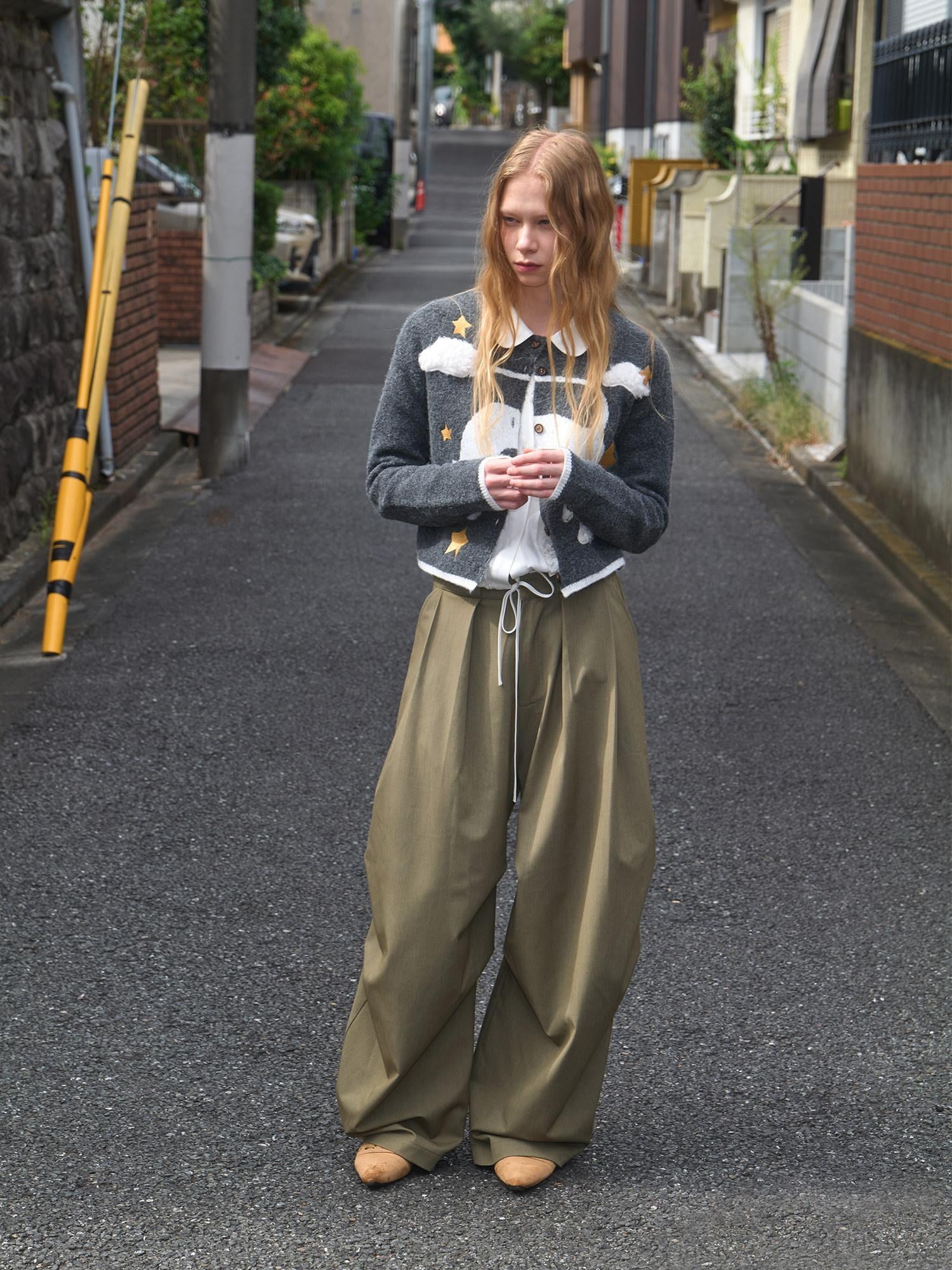 OuttheBlue Moss Green High Waist Loose Wide Leg Casual Stretch Polyester Women Pants