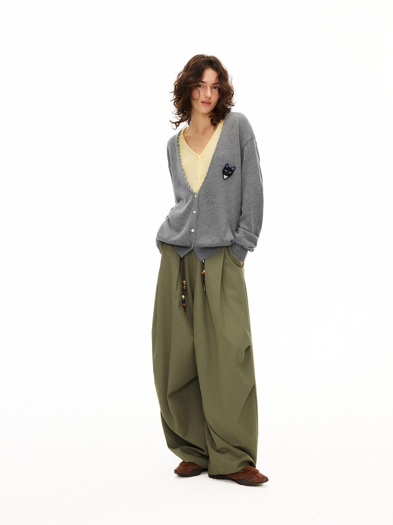 OuttheBlue Moss Green High Waist Loose Wide Leg Casual Stretch Polyester Women Pants
