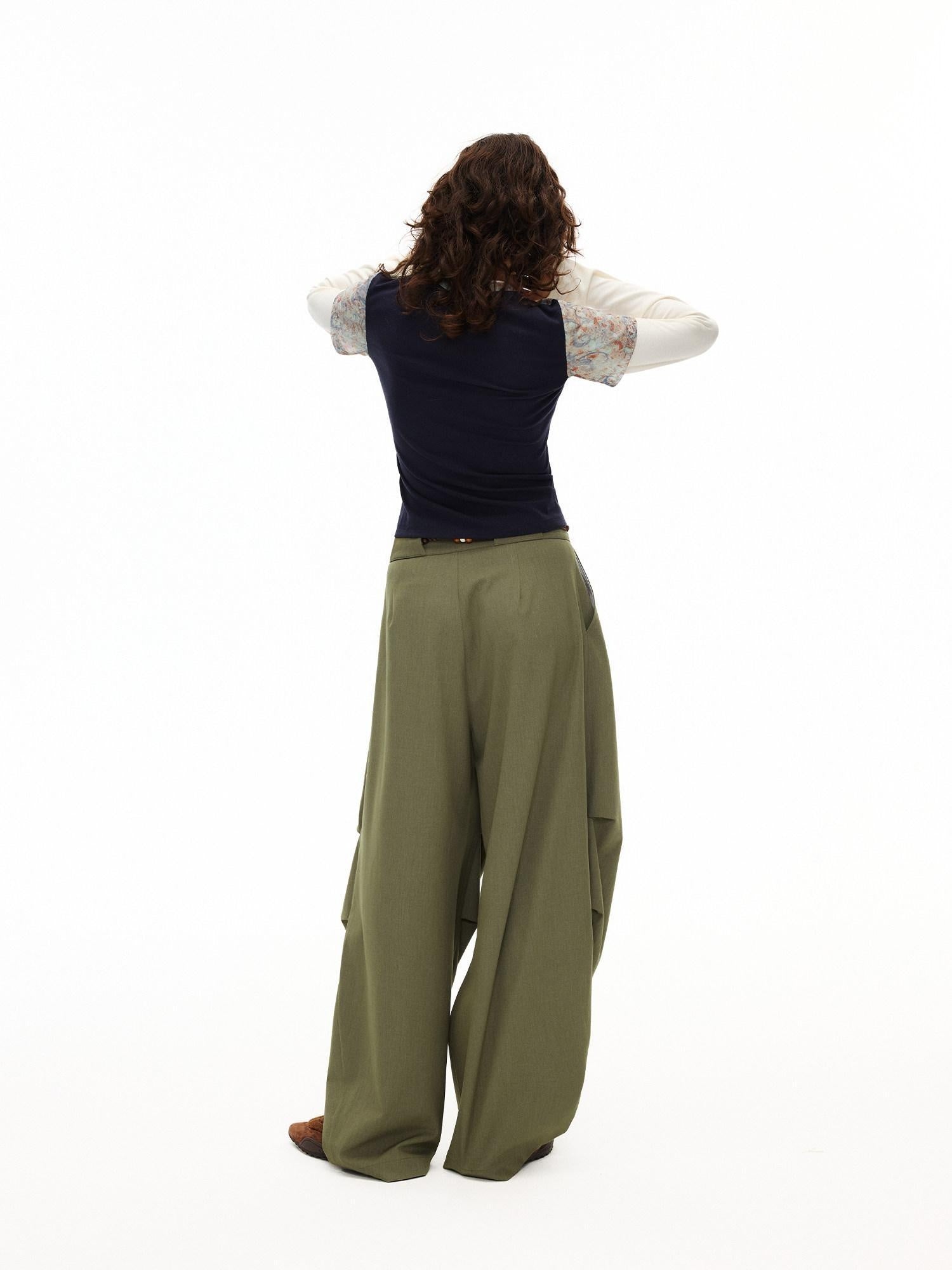 OuttheBlue Moss Green High Waist Loose Wide Leg Casual Stretch Polyester Women Pants