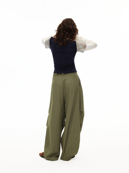 OuttheBlue Moss Green High Waist Loose Wide Leg Casual Stretch Polyester Women Pants