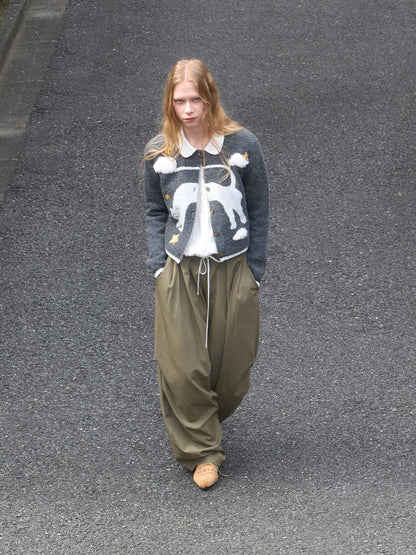 OuttheBlue Moss Green High Waist Loose Wide Leg Casual Stretch Polyester Women Pants