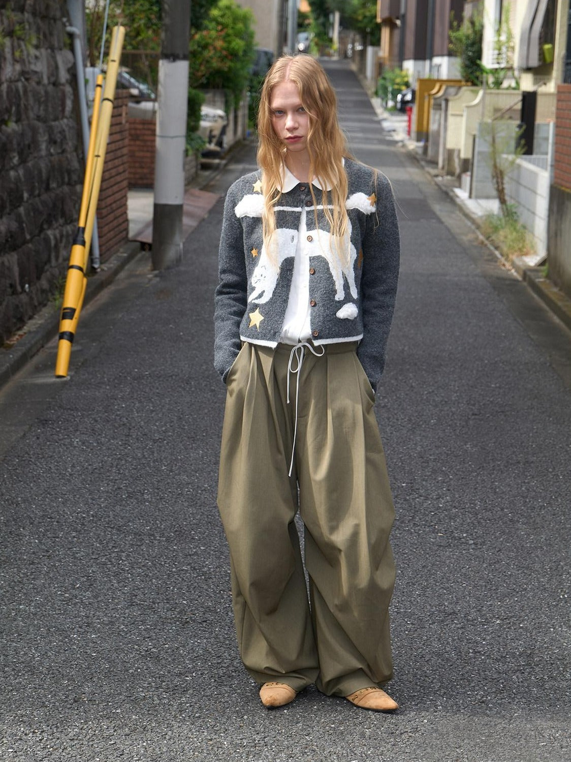 OuttheBlue Moss Green High Waist Loose Wide Leg Casual Stretch Polyester Women Pants