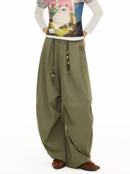 OuttheBlue Moss Green High Waist Loose Wide Leg Casual Stretch Polyester Women Pants